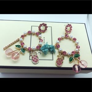 Flower With Pink Cherry Drop Stud long Earrings